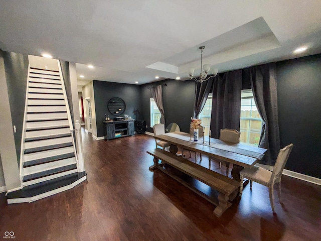 201 N Tacoma Ave, Indianapolis, IN 46201 - dining room with baseboards, wood finished floors, stairway, a chandelier, and recessed lighting