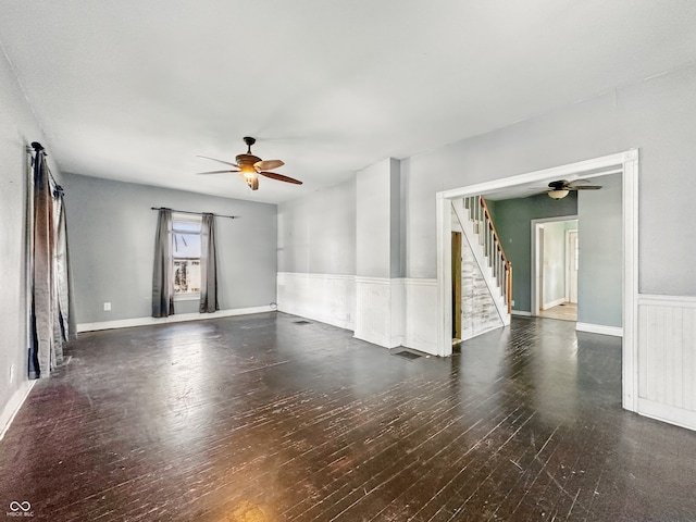 145 S 7th Ave, Beech Grove, IN 46107 - unfurnished room with ceiling fan, stairs, wood finished floors, and wainscoting
