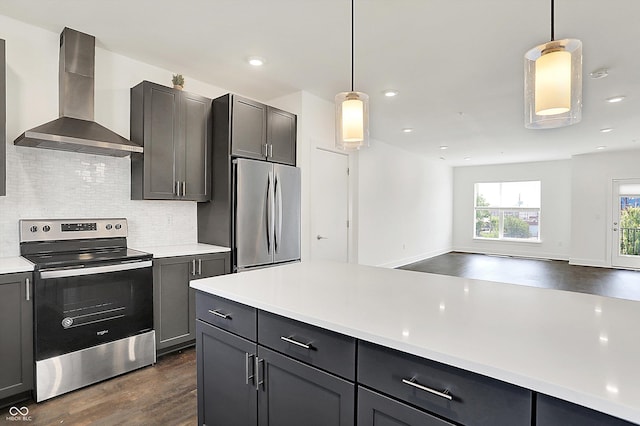 727 N Illinois St Unit 202, Indianapolis, IN 46204 - kitchen with appliances with stainless steel finishes, wall chimney exhaust hood, dark wood finished floors, decorative backsplash, and light countertops