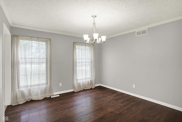 6838 Five Points Rd, Indianapolis, IN 46259 - unfurnished room featuring a chandelier, dark wood finished floors, a textured ceiling, crown molding, and baseboards