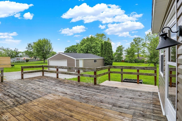 6838 Five Points Rd, Indianapolis, IN 46259 - wooden deck with an outdoor structure, a detached garage, and a yard
