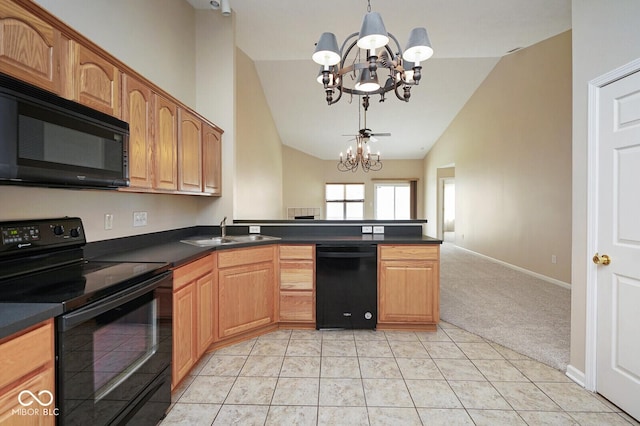 6105 Franklin Villas Way, Indianapolis, IN 46237 - kitchen featuring black appliances, a sink, a chandelier, dark countertops, and a peninsula