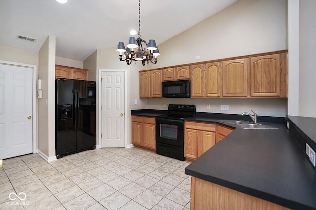 6105 Franklin Villas Way, Indianapolis, IN 46237 - kitchen featuring black appliances, a sink, dark countertops, a chandelier, and high vaulted ceiling