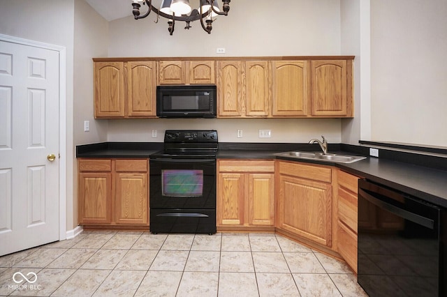 6105 Franklin Villas Way, Indianapolis, IN 46237 - kitchen featuring black appliances, a sink, a chandelier, dark countertops, and light tile patterned floors