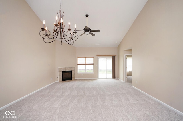6105 Franklin Villas Way, Indianapolis, IN 46237 - unfurnished living room featuring high vaulted ceiling, light carpet, a chandelier, baseboards, and a fireplace