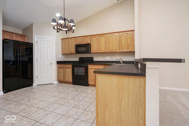 6105 Franklin Villas Way, Indianapolis, IN 46237 - kitchen with black appliances, a sink, dark countertops, high vaulted ceiling, and a peninsula
