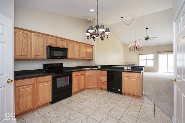 6105 Franklin Villas Way, Indianapolis, IN 46237 - kitchen with black appliances, a chandelier, a sink, dark countertops, and light tile patterned floors