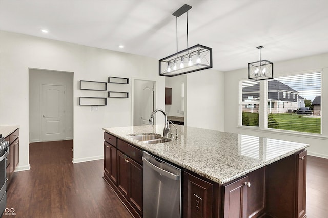 7046 Allegiance Ct, Indianapolis, IN 46259 - kitchen with stainless steel dishwasher, a sink, dark wood-type flooring, baseboards, and recessed lighting