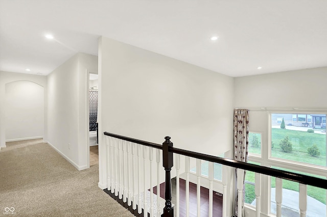 7046 Allegiance Ct, Indianapolis, IN 46259 - hall featuring plenty of natural light, carpet floors, an upstairs landing, recessed lighting, and baseboards