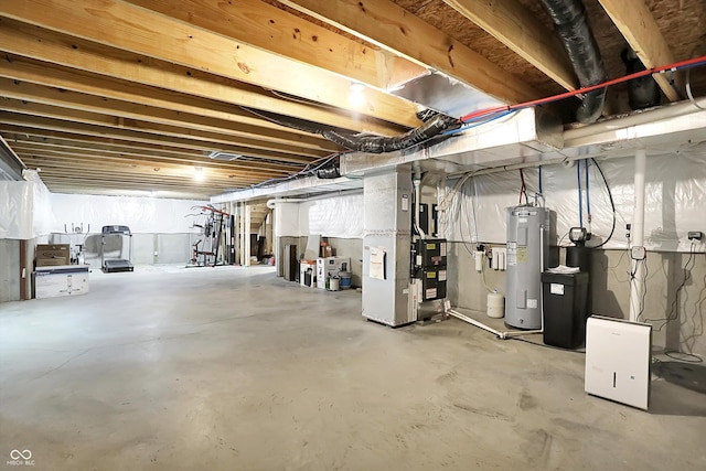 7046 Allegiance Ct, Indianapolis, IN 46259 - unfinished basement featuring water heater, heating unit, and a water softener system