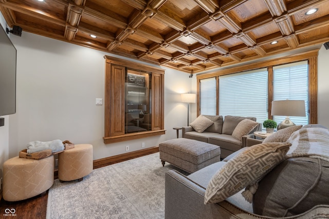 2411 N County Road 500 W, Muncie, IN 47304 - living room with wood ceiling with exposed beams, wood finished floors, coffered ceiling, recessed lighting, and baseboards