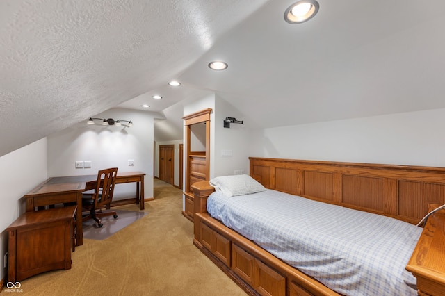 2411 N County Road 500 W, Muncie, IN 47304 - bedroom featuring vaulted ceiling, light colored carpet, a textured ceiling, recessed lighting, and a desk