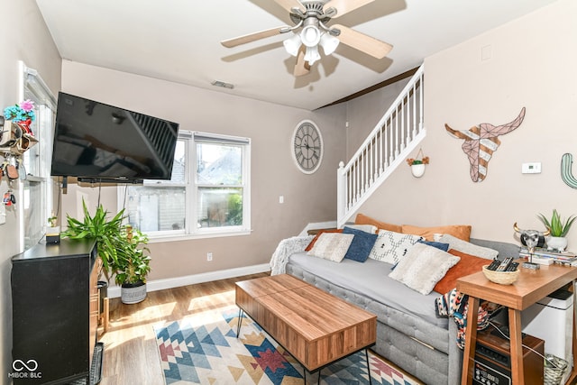 635 E 10th St, Indianapolis, IN 46202 - living room with stairs, wood finished floors, ceiling fan, and baseboards