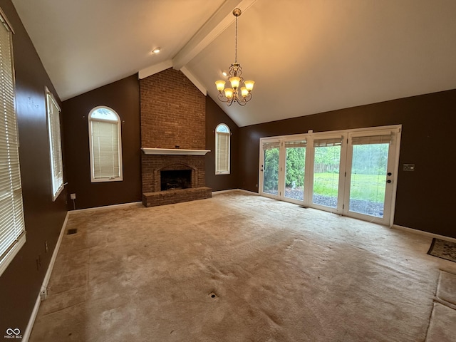 6609 N Tuxedo Ln, Indianapolis, IN 46220 - unfurnished living room featuring a chandelier, baseboards, beam ceiling, carpet, and high vaulted ceiling