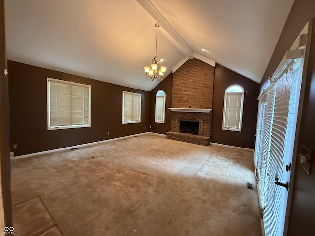 6609 N Tuxedo Ln, Indianapolis, IN 46220 - unfurnished living room featuring a chandelier, a brick fireplace, carpet floors, and baseboards