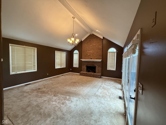 6609 N Tuxedo Ln, Indianapolis, IN 46220 - unfurnished living room featuring a chandelier, beam ceiling, a fireplace, carpet, and baseboards