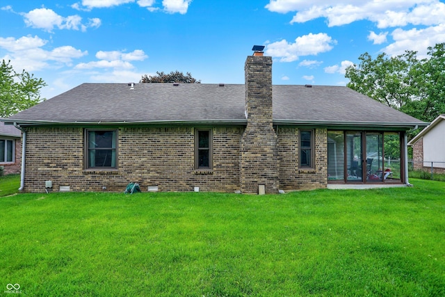 926 Brookside Ln, Plainfield, IN 46168 - rear view of property with roof with shingles, brick siding, a lawn, and a chimney