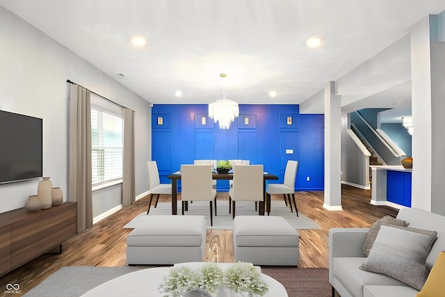 1454 Silver Pine Ln, Sheridan, IN 46069 - living area with a chandelier, wood finished floors, baseboards, and recessed lighting