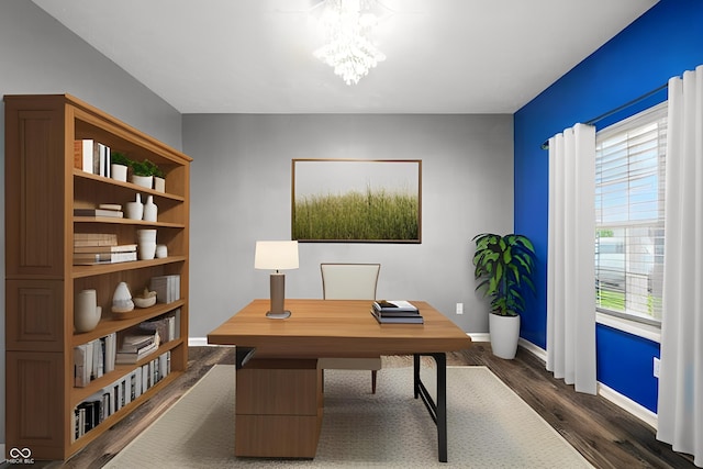 1454 Silver Pine Ln, Sheridan, IN 46069 - office with dark wood-style floors, baseboards, and a chandelier