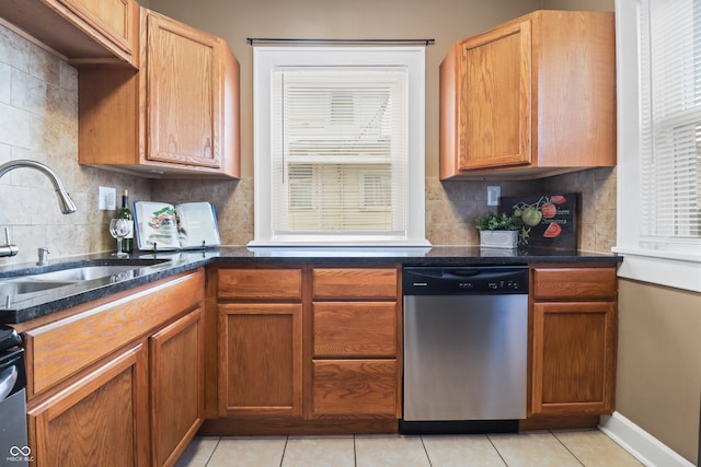 1720 Woodlawn Ave, Indianapolis, IN 46203 - kitchen featuring stainless steel dishwasher, a sink, backsplash, light tile patterned floors, and healthy amount of natural light