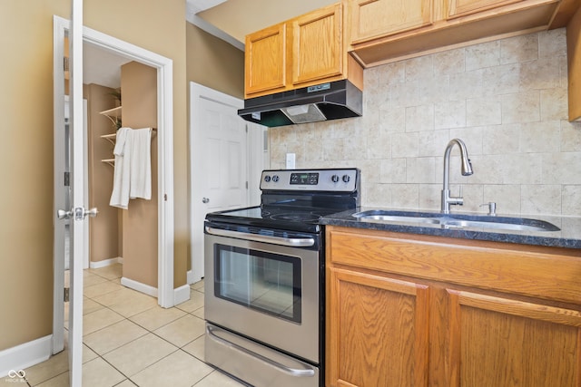 1720 Woodlawn Ave, Indianapolis, IN 46203 - kitchen with stainless steel range with electric stovetop, under cabinet range hood, a sink, light tile patterned floors, and decorative backsplash