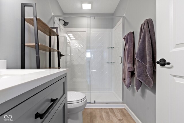 13485 Mancroft Dr, Fishers, IN 46037 - bathroom with wood finished floors, toilet, vanity, a shower stall, and baseboards