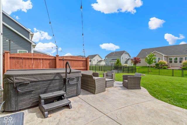 13485 Mancroft Dr, Fishers, IN 46037 - view of patio / terrace featuring a hot tub, a residential view, and an outdoor living space