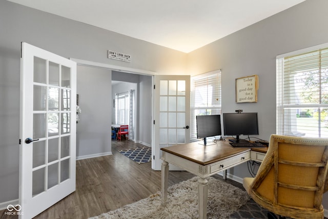 13485 Mancroft Dr, Fishers, IN 46037 - home office featuring french doors, wood finished floors, healthy amount of natural light, and baseboards