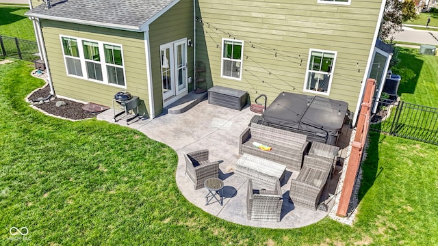 13485 Mancroft Dr, Fishers, IN 46037 - rear view of property featuring a patio, roof with shingles, an outdoor hangout area, and cooling unit