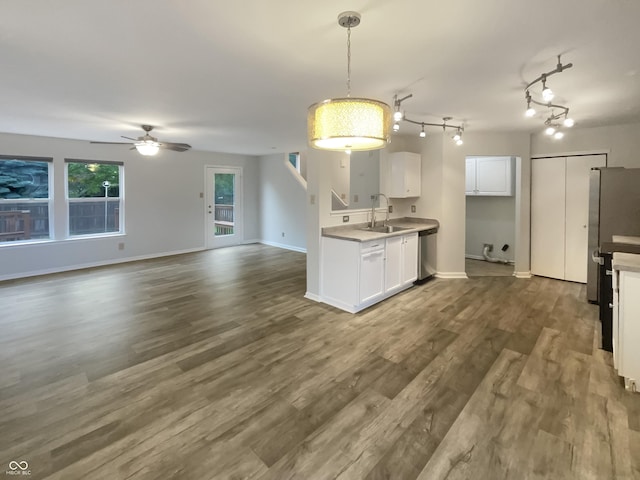 15110 Fawn Hollow Ln, Noblesville, IN 46060 - kitchen featuring stainless steel appliances, white cabinetry, a ceiling fan, and dark wood-style flooring