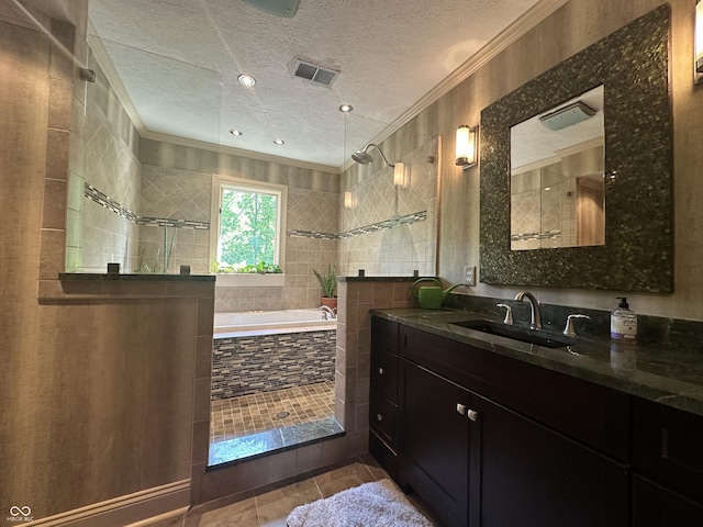 2034 Dubois Rd, Spencer, IN 47460 - full bath with crown molding, a bath, a textured ceiling, tiled shower, and vanity