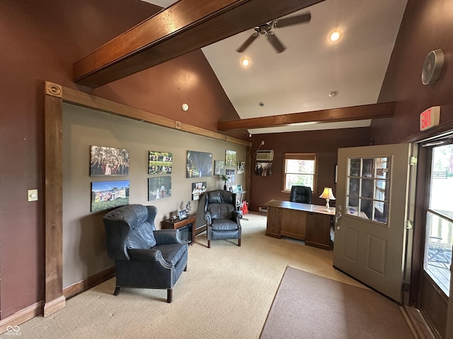 2034 Dubois Rd, Spencer, IN 47460 - living room with light carpet, ceiling fan, beam ceiling, an office area, and recessed lighting