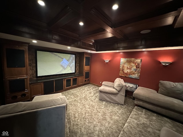 2034 Dubois Rd, Spencer, IN 47460 - carpeted cinema room with recessed lighting, ornamental molding, beam ceiling, baseboards, and coffered ceiling