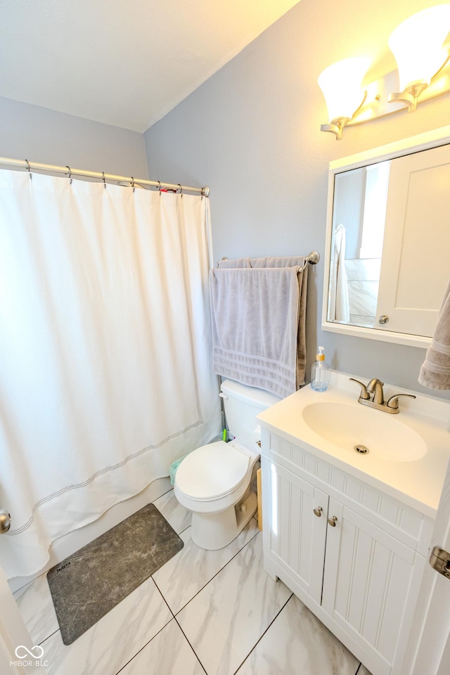 517 Bernard Ave, Indianapolis, IN 46208 - full bathroom featuring toilet, vanity, marble look tiles, and a shower with curtain