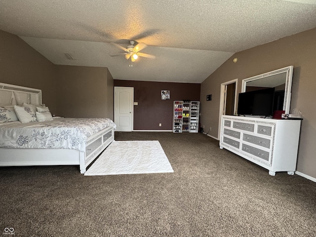5502 Floating Leaf Dr, Indianapolis, IN 46237 - carpeted bedroom featuring vaulted ceiling, a ceiling fan, baseboards, and a textured ceiling