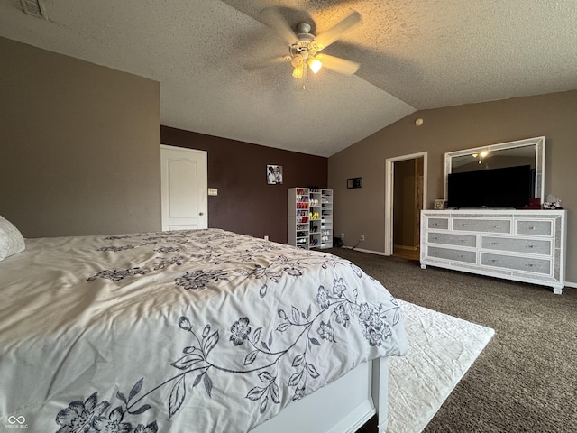 5502 Floating Leaf Dr, Indianapolis, IN 46237 - carpeted bedroom featuring lofted ceiling, a textured ceiling, and ceiling fan
