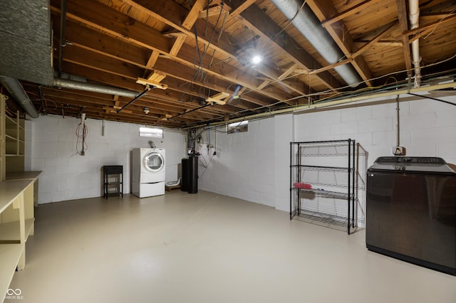 7482 W US Highway 40, Indianapolis, IN 46229 - unfinished basement featuring concrete block wall, a water softener system, and washer and clothes dryer