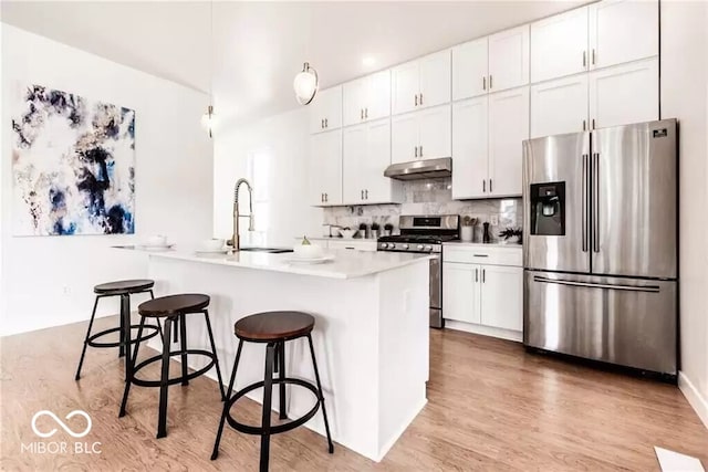 918 S State Ave, Indianapolis, IN 46203 - kitchen with stainless steel appliances, under cabinet range hood, a sink, and light wood-style floors