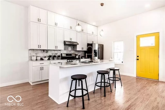 918 S State Ave, Indianapolis, IN 46203 - kitchen with under cabinet range hood, stainless steel appliances, a breakfast bar area, decorative backsplash, and white cabinetry