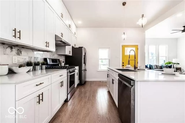 918 S State Ave, Indianapolis, IN 46203 - kitchen with stainless steel appliances, a sink, under cabinet range hood, a kitchen island with sink, and light countertops