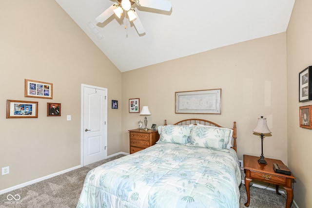 11692 Seven Oaks Dr, Fishers, IN 46038 - carpeted bedroom with high vaulted ceiling, baseboards, and ceiling fan