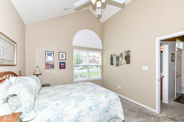 11692 Seven Oaks Dr, Fishers, IN 46038 - bedroom with high vaulted ceiling, carpet floors, a ceiling fan, and baseboards