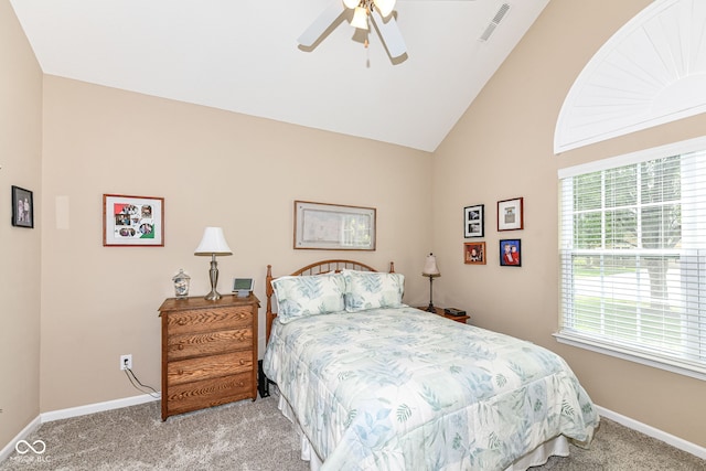 11692 Seven Oaks Dr, Fishers, IN 46038 - bedroom featuring light carpet, baseboards, a ceiling fan, and high vaulted ceiling