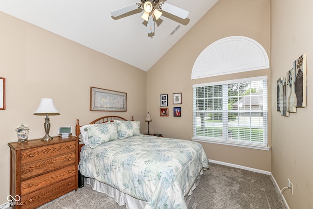 11692 Seven Oaks Dr, Fishers, IN 46038 - carpeted bedroom with high vaulted ceiling, baseboards, and a ceiling fan