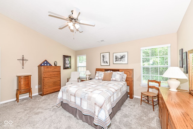 11692 Seven Oaks Dr, Fishers, IN 46038 - bedroom featuring vaulted ceiling, light carpet, baseboards, and ceiling fan