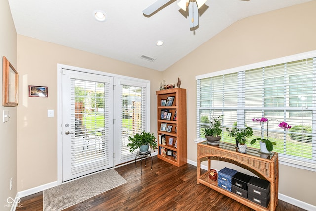 11692 Seven Oaks Dr, Fishers, IN 46038 - doorway to outside featuring healthy amount of natural light, baseboards, a ceiling fan, vaulted ceiling, and recessed lighting