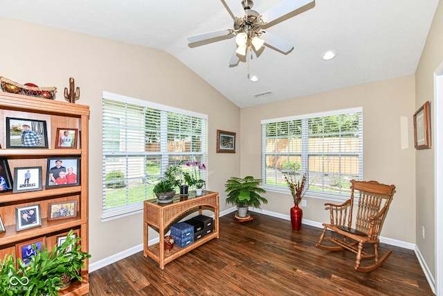 11692 Seven Oaks Dr, Fishers, IN 46038 - living area featuring dark wood-type flooring, vaulted ceiling, baseboards, ceiling fan, and recessed lighting