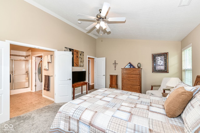 11692 Seven Oaks Dr, Fishers, IN 46038 - bedroom featuring vaulted ceiling, light carpet, baseboards, and ceiling fan