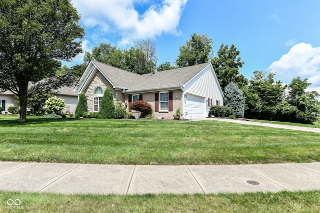 11692 Seven Oaks Dr, Fishers, IN 46038 - ranch-style home with brick siding, a front lawn, a garage, a shingled roof, and driveway