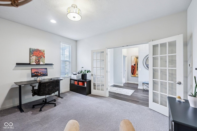 14458 Carlow Run, Carmel, IN 46074 - office area featuring french doors, carpet, baseboards, and recessed lighting